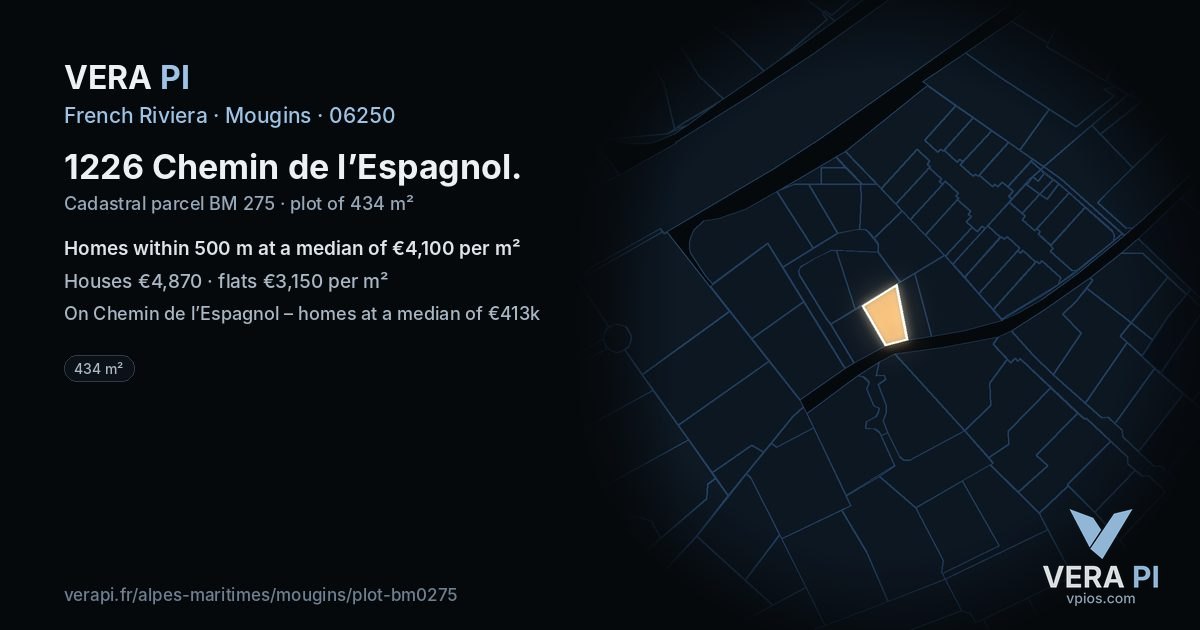1226 Chemin de l’Espagnol, Mougins at night – the plot lit, the parcels around coloured by the prices near them