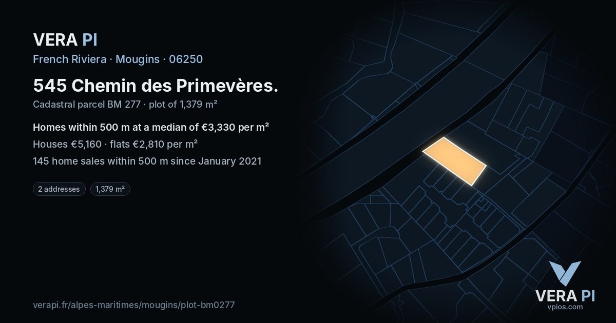 545 Chemin des Primevères, Mougins at night – the plot lit, the parcels around coloured by the prices near them