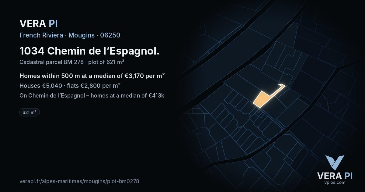 1034 Chemin de l’Espagnol, Mougins at night – the plot lit, the parcels around coloured by the prices near them