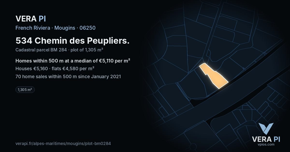 534 Chemin des Peupliers, Mougins at night – the plot lit, the parcels around coloured by the prices near them