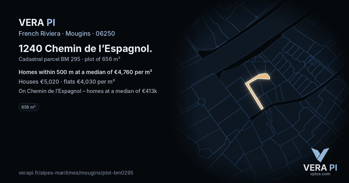 1240 Chemin de l’Espagnol, Mougins at night – the plot lit, the parcels around coloured by the prices near them