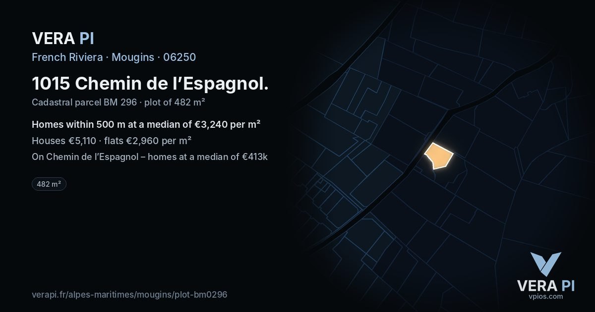 1015 Chemin de l’Espagnol, Mougins at night – the plot lit, the parcels around coloured by the prices near them