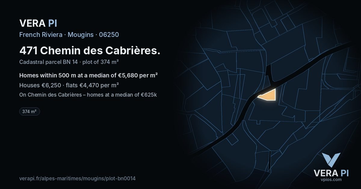 471 Chemin des Cabrières, Mougins at night – the plot lit, the parcels around coloured by the prices near them