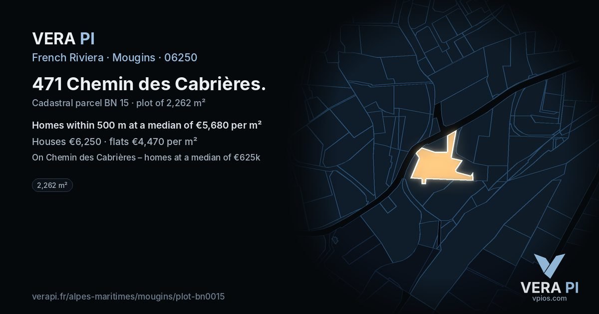 471 Chemin des Cabrières, Mougins at night – the plot lit, the parcels around coloured by the prices near them