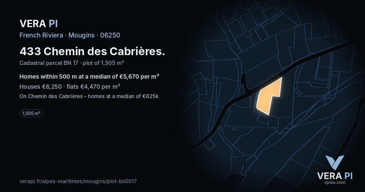 433 Chemin des Cabrières, Mougins at night – the plot lit, the parcels around coloured by the prices near them