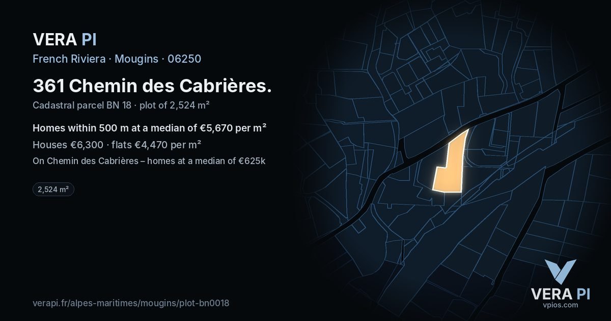 361 Chemin des Cabrières, Mougins at night – the plot lit, the parcels around coloured by the prices near them