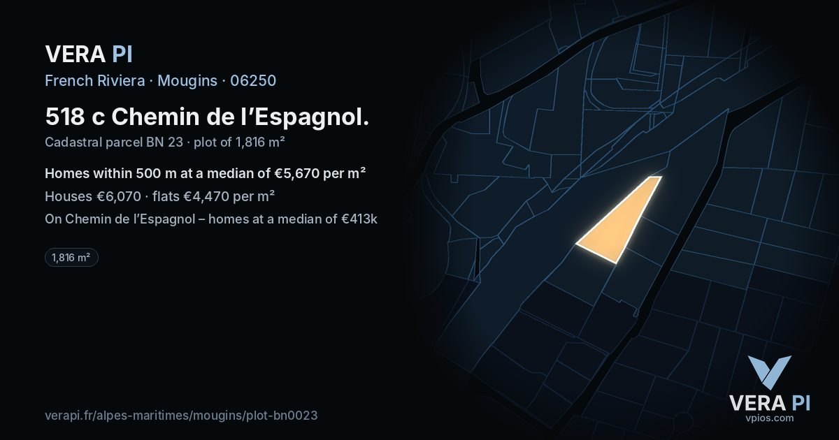 518 c Chemin de l’Espagnol, Mougins at night – the plot lit, the parcels around coloured by the prices near them