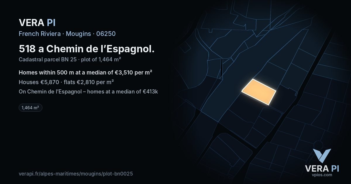 518 a Chemin de l’Espagnol, Mougins at night – the plot lit, the parcels around coloured by the prices near them
