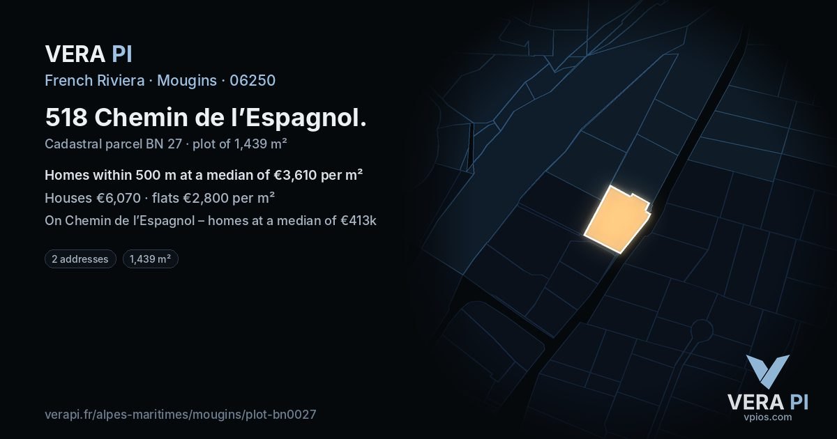 518 Chemin de l’Espagnol, Mougins at night – the plot lit, the parcels around coloured by the prices near them