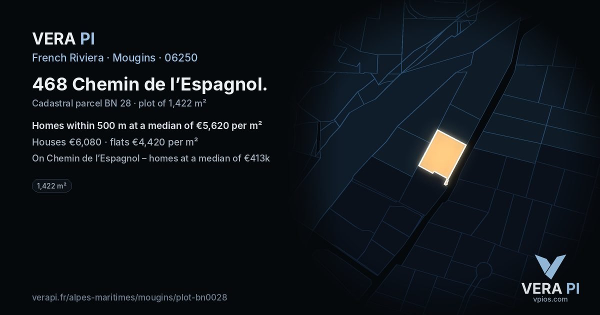 468 Chemin de l’Espagnol, Mougins at night – the plot lit, the parcels around coloured by the prices near them