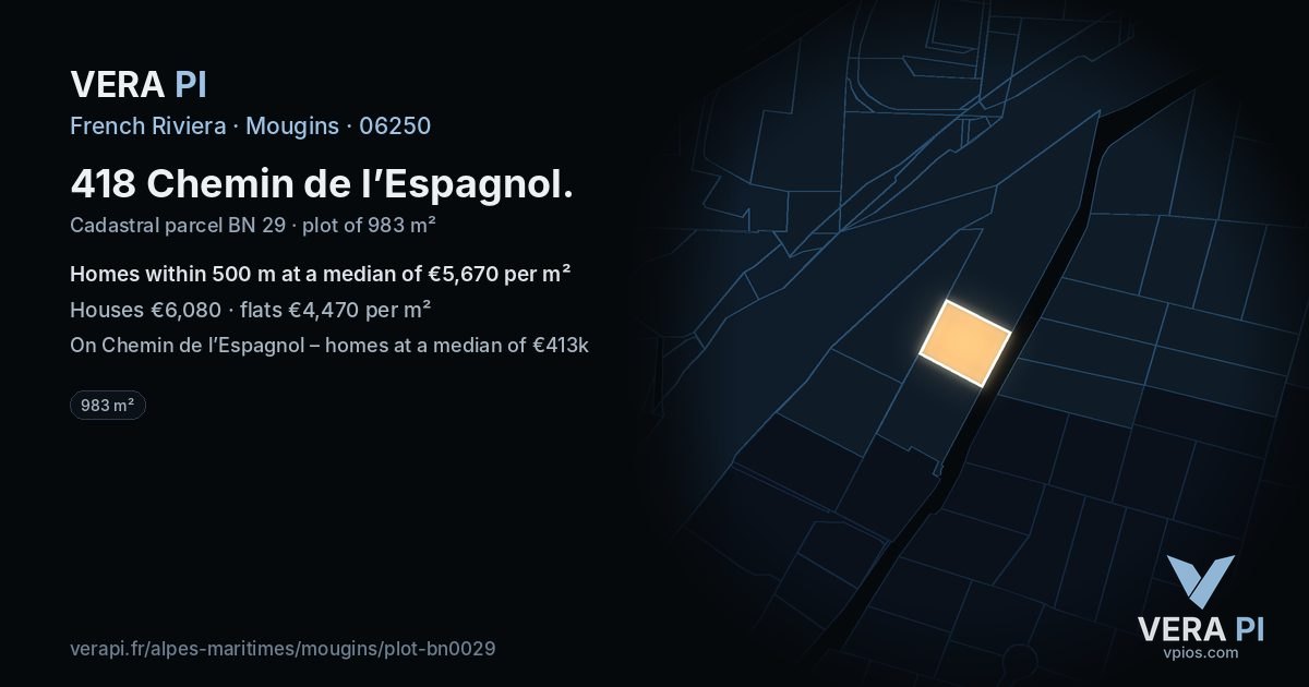 418 Chemin de l’Espagnol, Mougins at night – the plot lit, the parcels around coloured by the prices near them