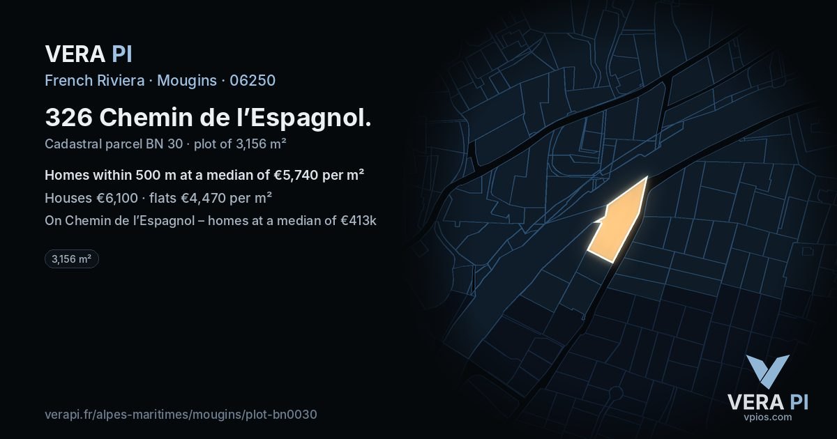 326 Chemin de l’Espagnol, Mougins at night – the plot lit, the parcels around coloured by the prices near them