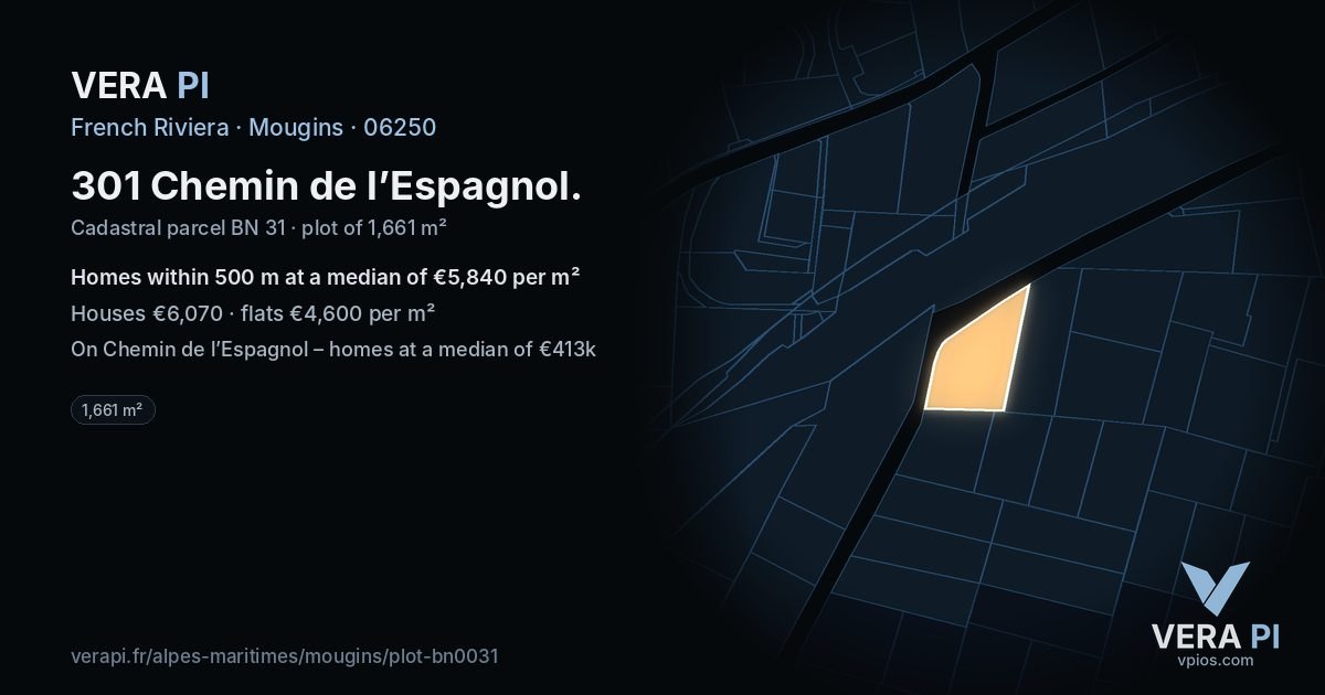 301 Chemin de l’Espagnol, Mougins at night – the plot lit, the parcels around coloured by the prices near them