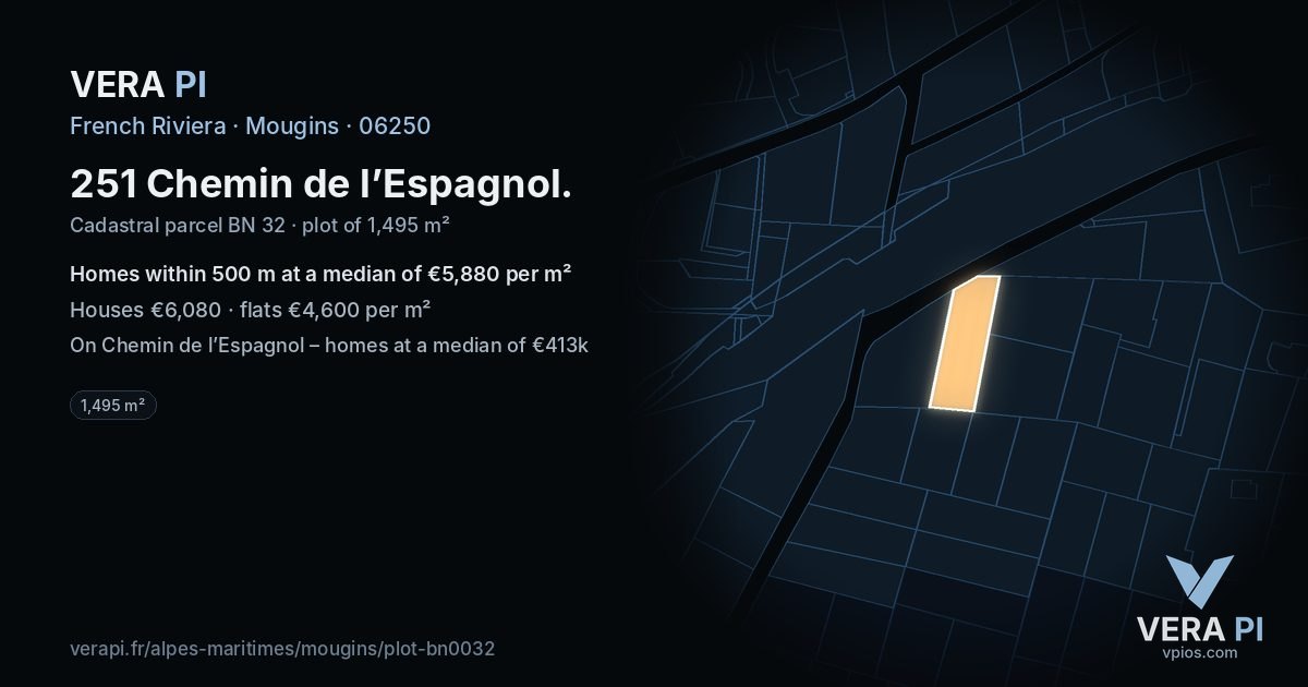 251 Chemin de l’Espagnol, Mougins at night – the plot lit, the parcels around coloured by the prices near them