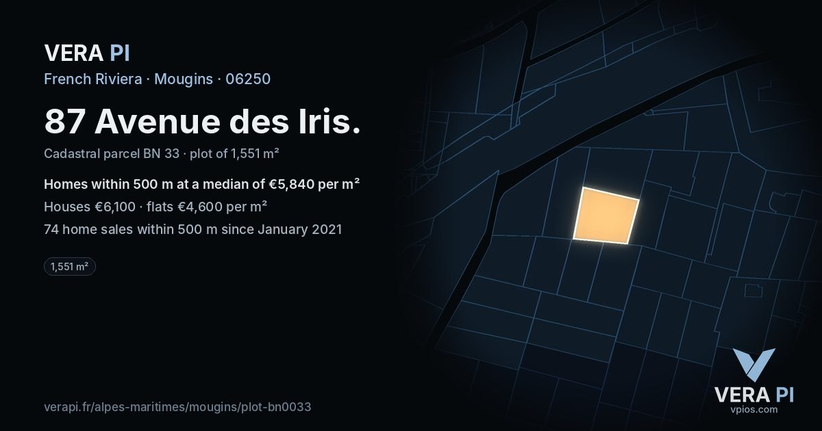 87 Avenue des Iris, Mougins at night – the plot lit, the parcels around coloured by the prices near them