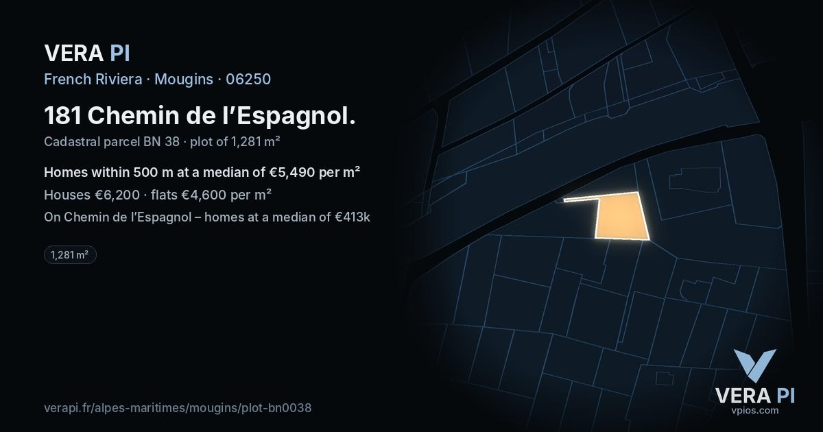 181 Chemin de l’Espagnol, Mougins at night – the plot lit, the parcels around coloured by the prices near them