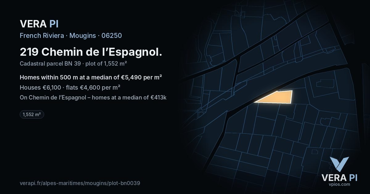 219 Chemin de l’Espagnol, Mougins at night – the plot lit, the parcels around coloured by the prices near them