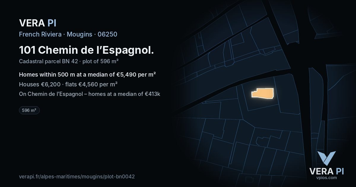 101 Chemin de l’Espagnol, Mougins at night – the plot lit, the parcels around coloured by the prices near them