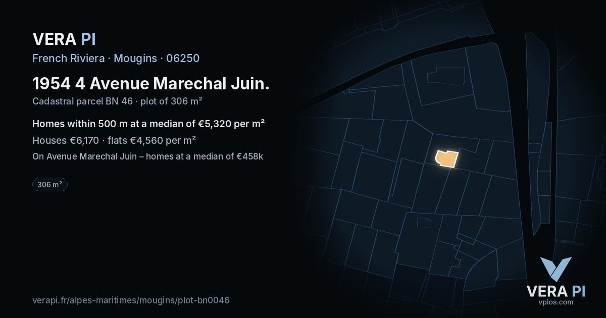 1954 4 Avenue Marechal Juin, Mougins at night – the plot lit, the parcels around coloured by the prices near them