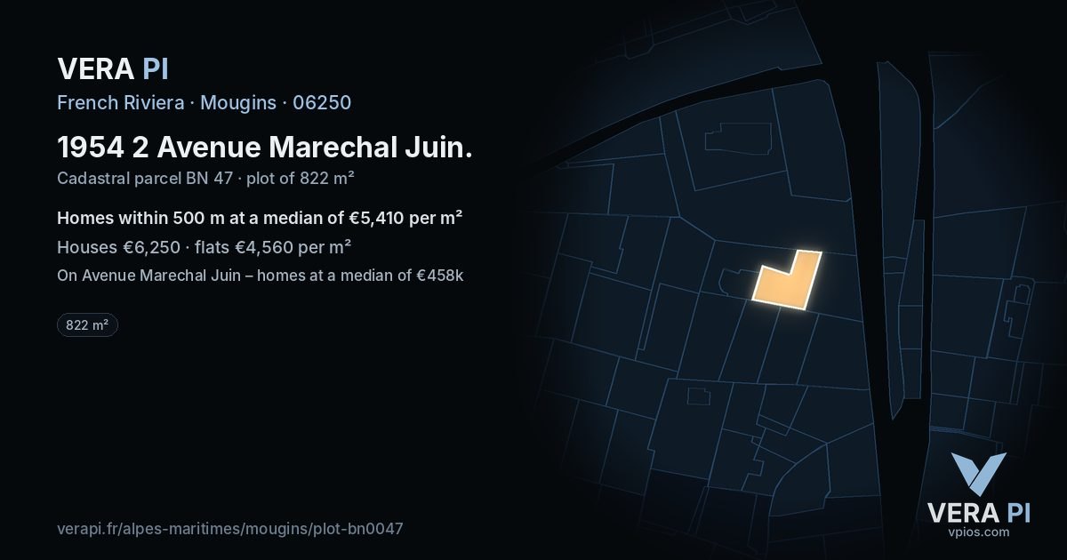 1954 2 Avenue Marechal Juin, Mougins at night – the plot lit, the parcels around coloured by the prices near them