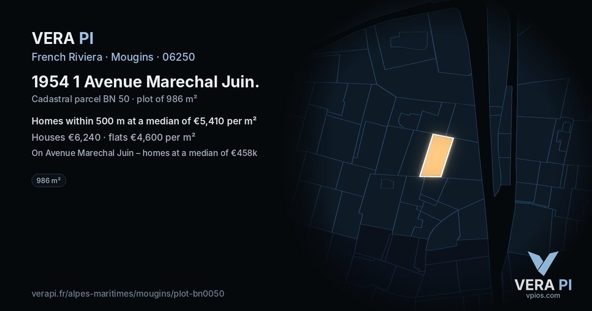 1954 1 Avenue Marechal Juin, Mougins at night – the plot lit, the parcels around coloured by the prices near them