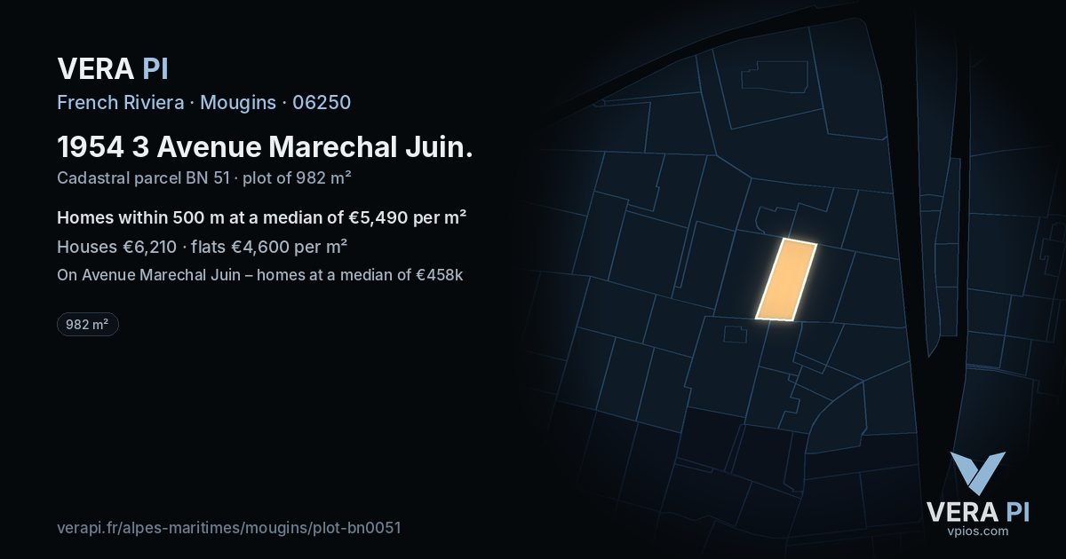 1954 3 Avenue Marechal Juin, Mougins at night – the plot lit, the parcels around coloured by the prices near them
