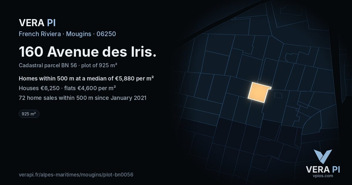 160 Avenue des Iris, Mougins at night – the plot lit, the parcels around coloured by the prices near them