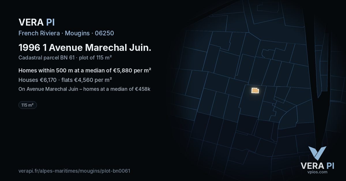 1996 1 Avenue Marechal Juin, Mougins at night – the plot lit, the parcels around coloured by the prices near them