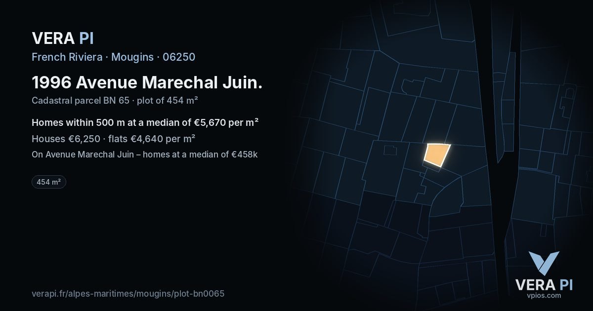 1996 Avenue Marechal Juin, Mougins at night – the plot lit, the parcels around coloured by the prices near them