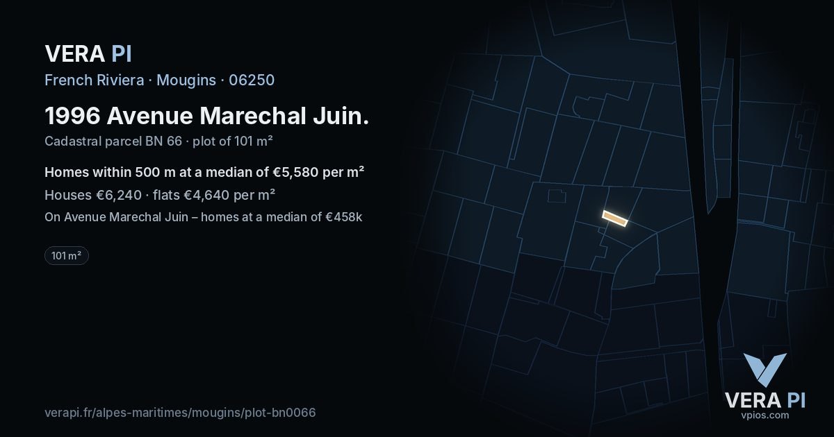 1996 Avenue Marechal Juin, Mougins at night – the plot lit, the parcels around coloured by the prices near them