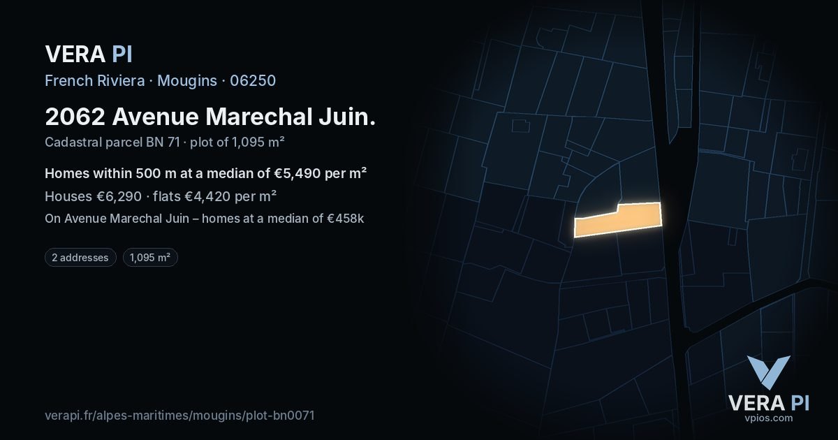 2062 Avenue Marechal Juin, Mougins at night – the plot lit, the parcels around coloured by the prices near them