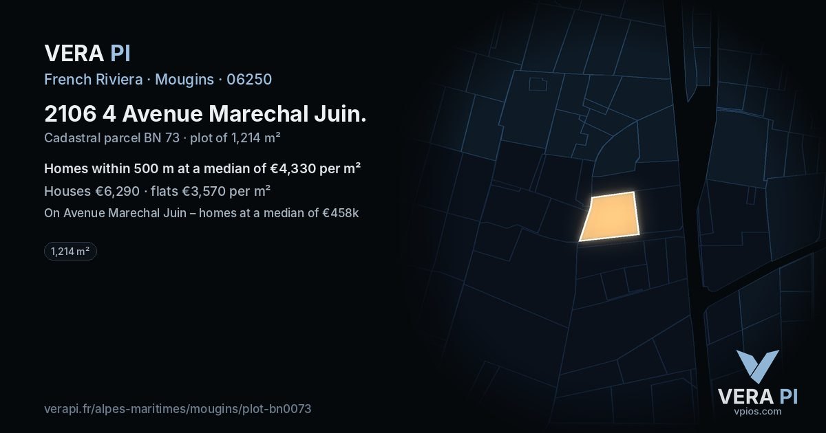 2106 4 Avenue Marechal Juin, Mougins at night – the plot lit, the parcels around coloured by the prices near them