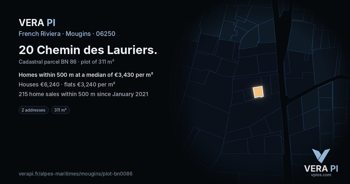 20 Chemin des Lauriers, Mougins at night – the plot lit, the parcels around coloured by the prices near them