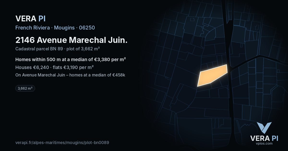 2146 Avenue Marechal Juin, Mougins at night – the plot lit, the parcels around coloured by the prices near them