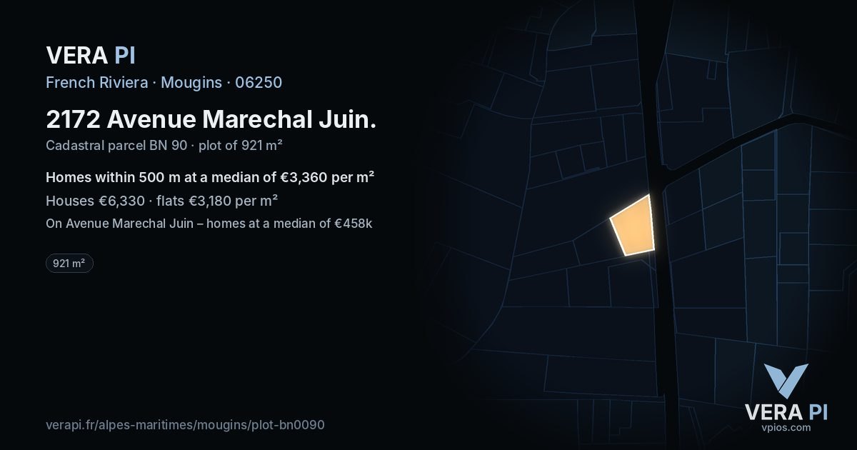 2172 Avenue Marechal Juin, Mougins at night – the plot lit, the parcels around coloured by the prices near them