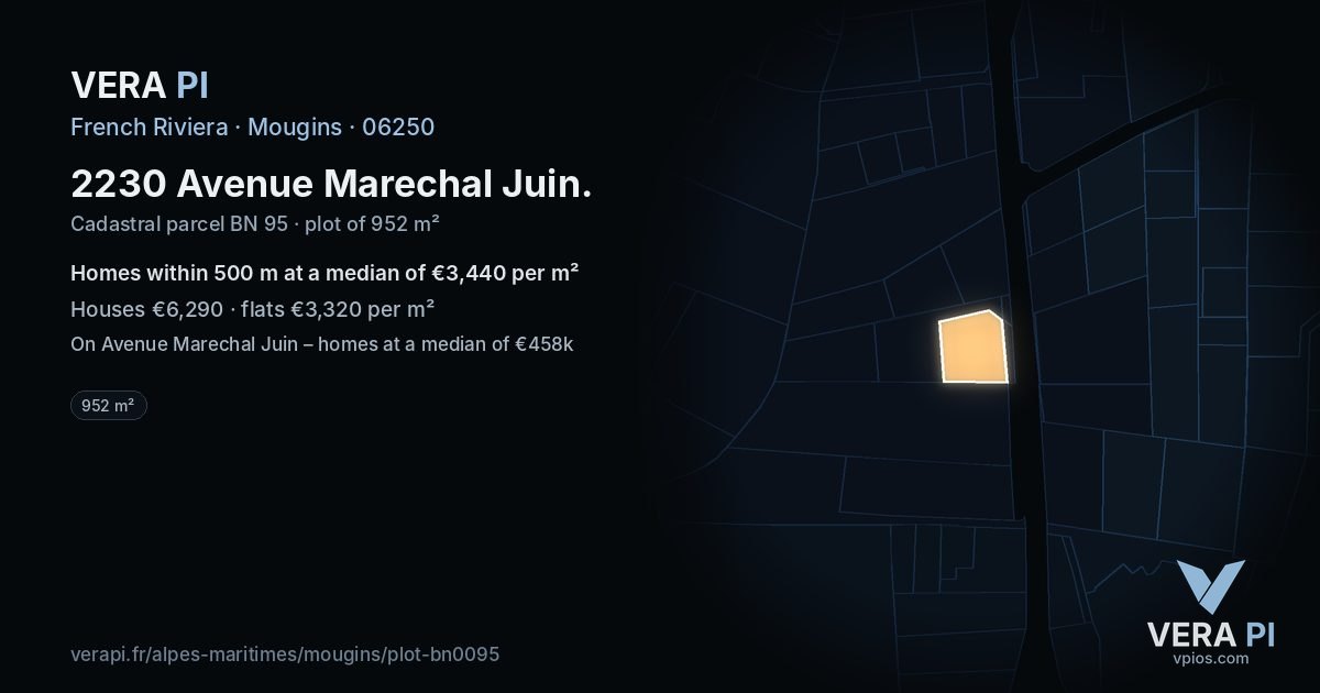 2230 Avenue Marechal Juin, Mougins at night – the plot lit, the parcels around coloured by the prices near them