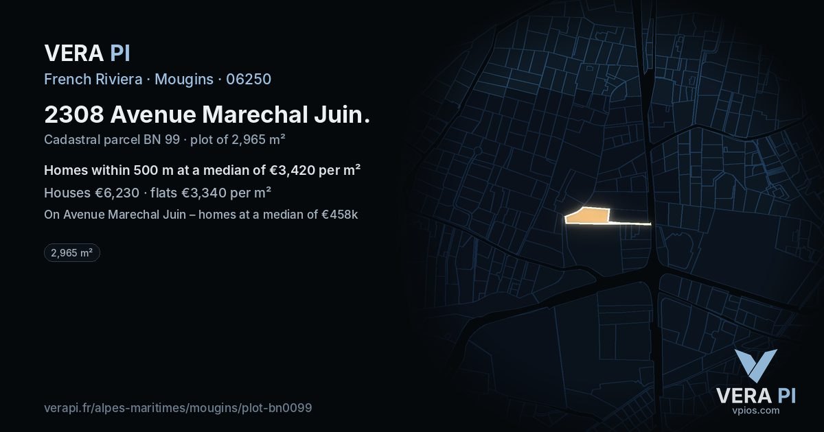 2308 Avenue Marechal Juin, Mougins at night – the plot lit, the parcels around coloured by the prices near them