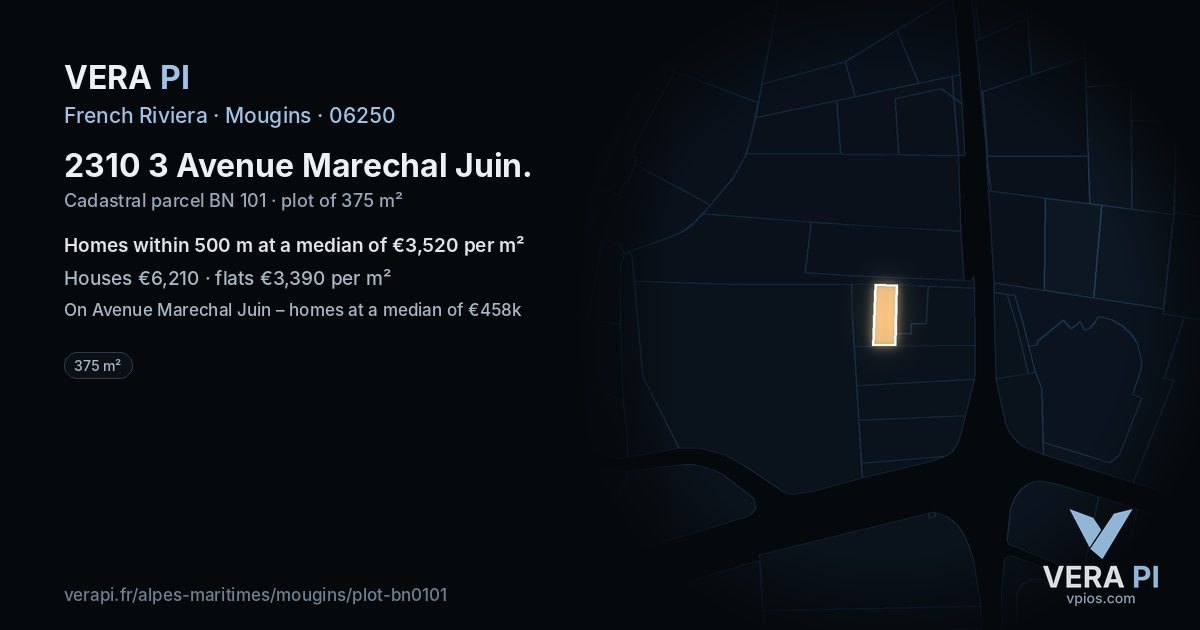 2310 3 Avenue Marechal Juin, Mougins at night – the plot lit, the parcels around coloured by the prices near them