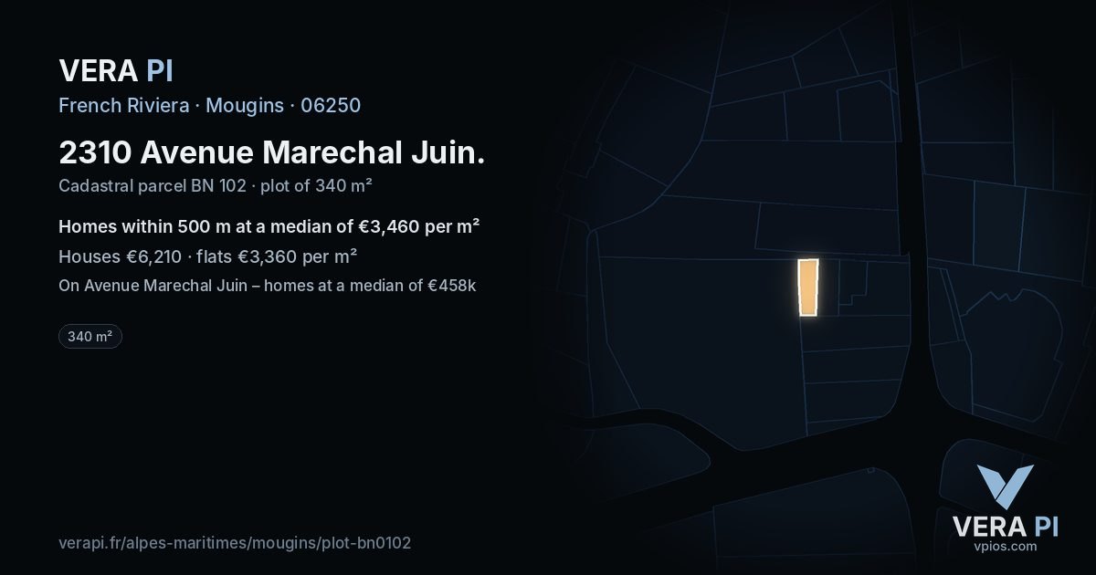 2310 Avenue Marechal Juin, Mougins at night – the plot lit, the parcels around coloured by the prices near them