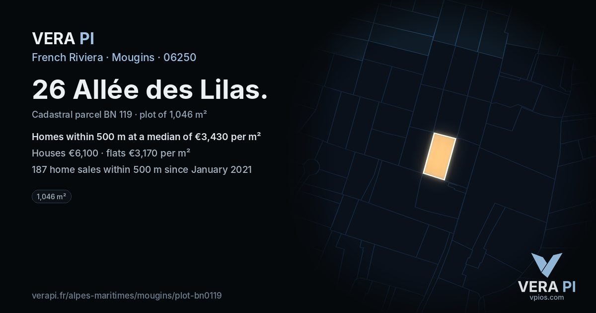 26 Allée des Lilas, Mougins at night – the plot lit, the parcels around coloured by the prices near them