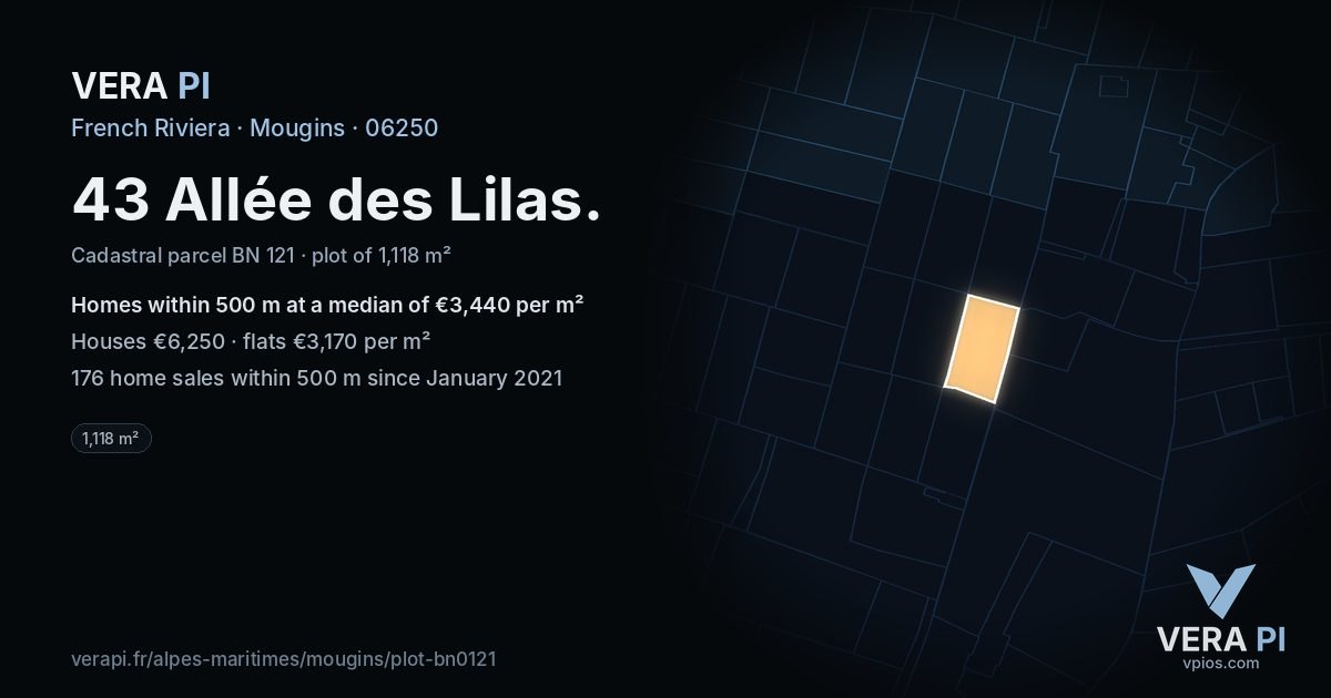 43 Allée des Lilas, Mougins at night – the plot lit, the parcels around coloured by the prices near them