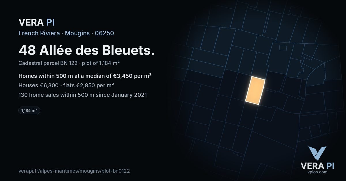 48 Allée des Bleuets, Mougins at night – the plot lit, the parcels around coloured by the prices near them