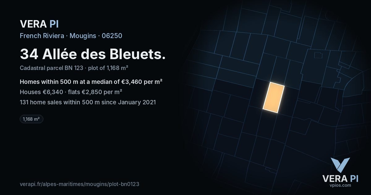 34 Allée des Bleuets, Mougins at night – the plot lit, the parcels around coloured by the prices near them