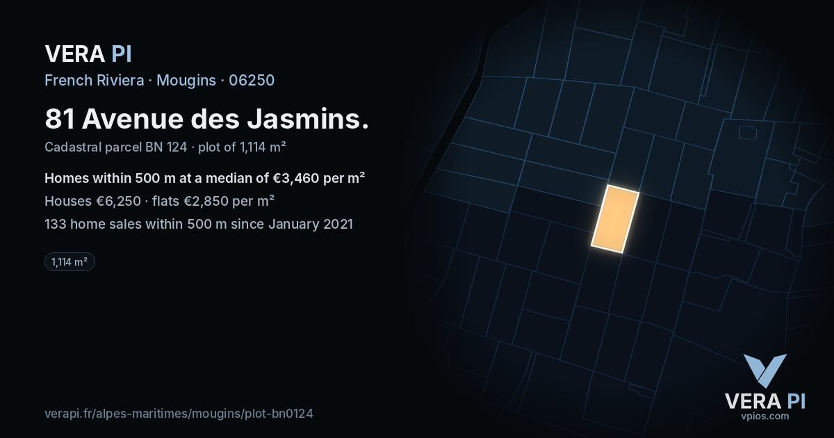 81 Avenue des Jasmins, Mougins at night – the plot lit, the parcels around coloured by the prices near them