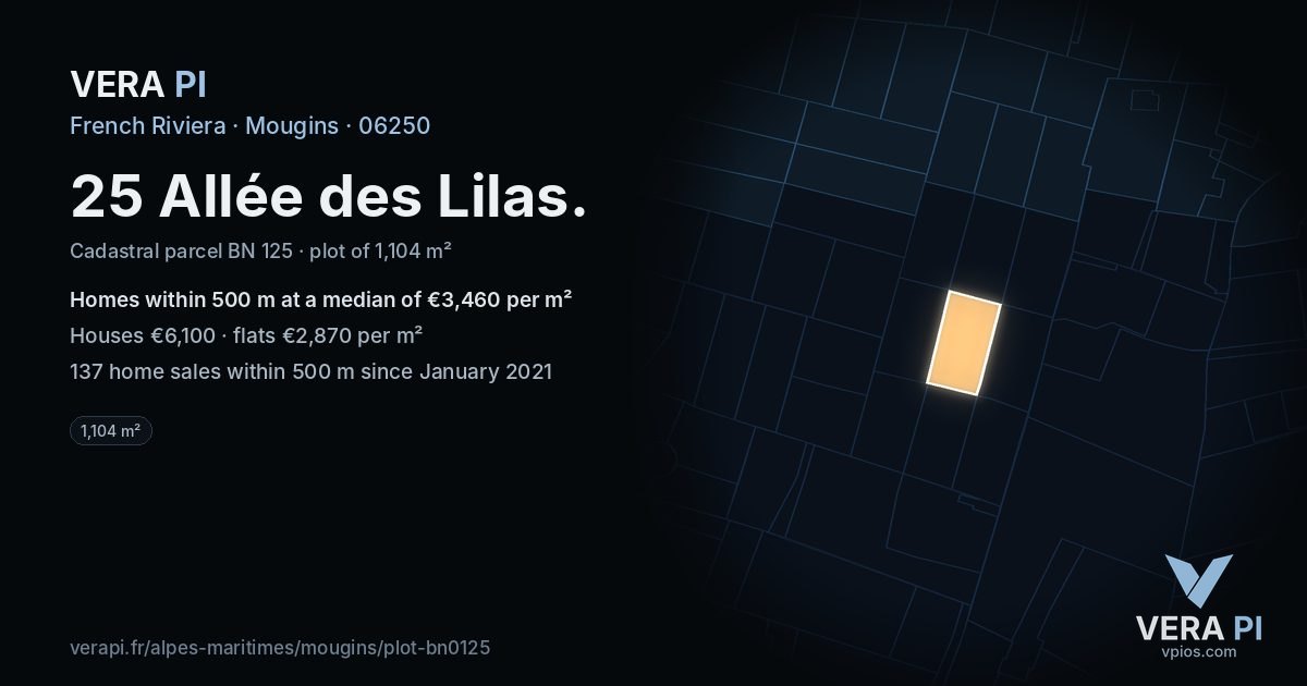 25 Allée des Lilas, Mougins at night – the plot lit, the parcels around coloured by the prices near them