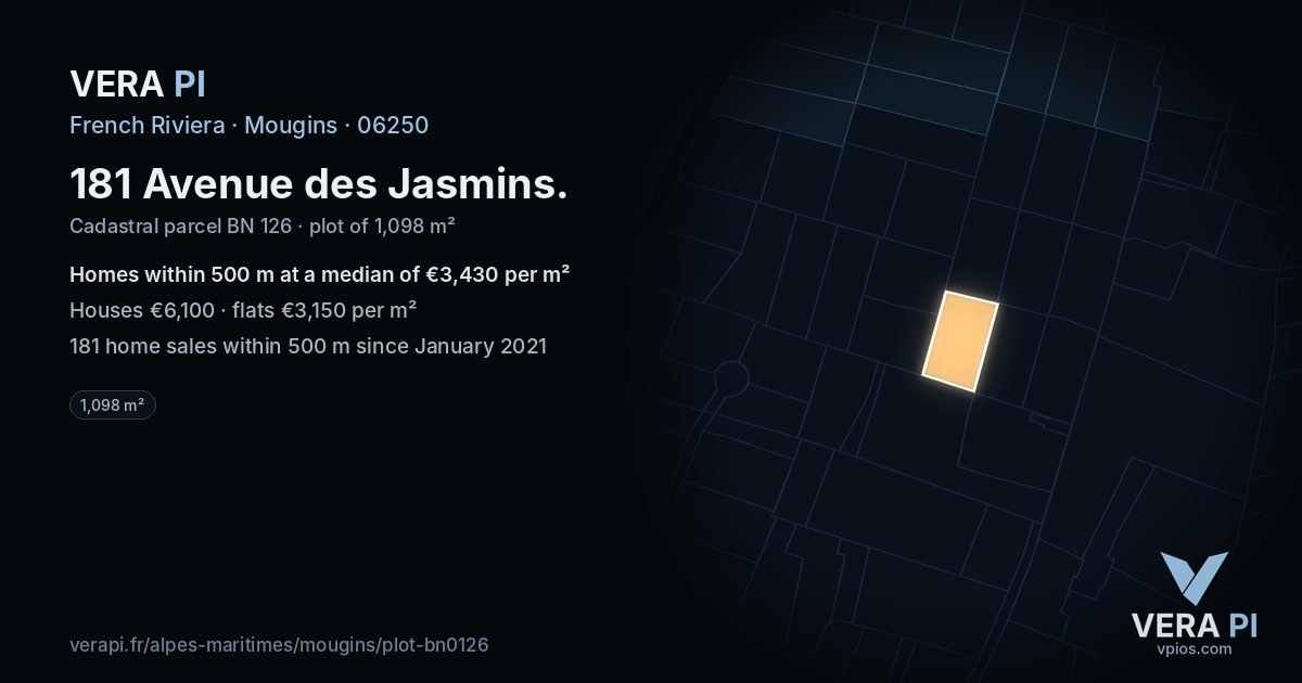 181 Avenue des Jasmins, Mougins at night – the plot lit, the parcels around coloured by the prices near them