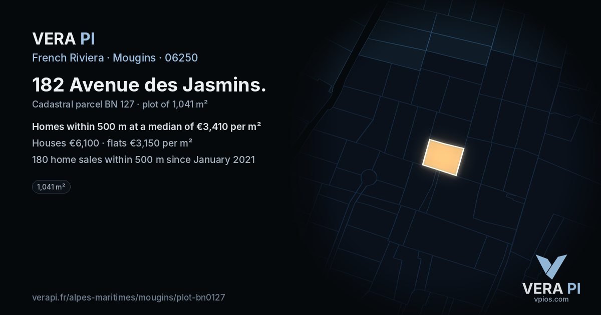 182 Avenue des Jasmins, Mougins at night – the plot lit, the parcels around coloured by the prices near them