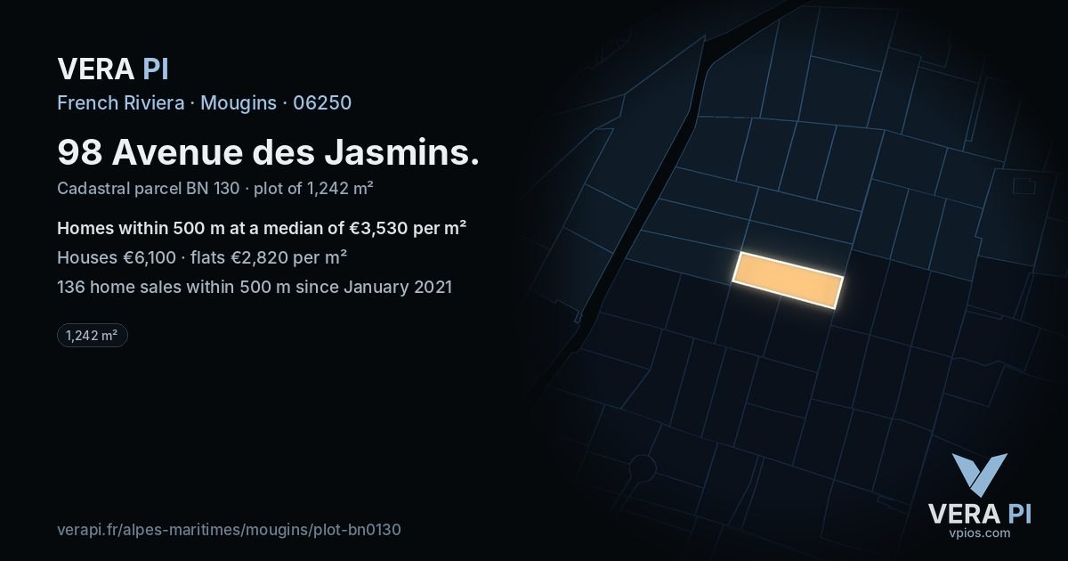 98 Avenue des Jasmins, Mougins at night – the plot lit, the parcels around coloured by the prices near them