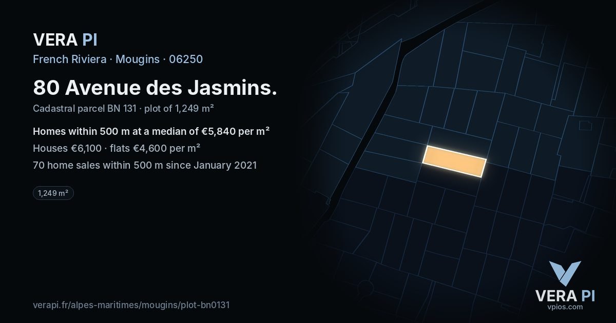 80 Avenue des Jasmins, Mougins at night – the plot lit, the parcels around coloured by the prices near them