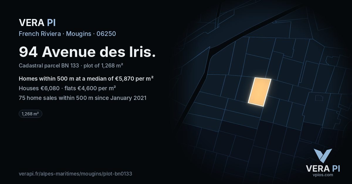 94 Avenue des Iris, Mougins at night – the plot lit, the parcels around coloured by the prices near them
